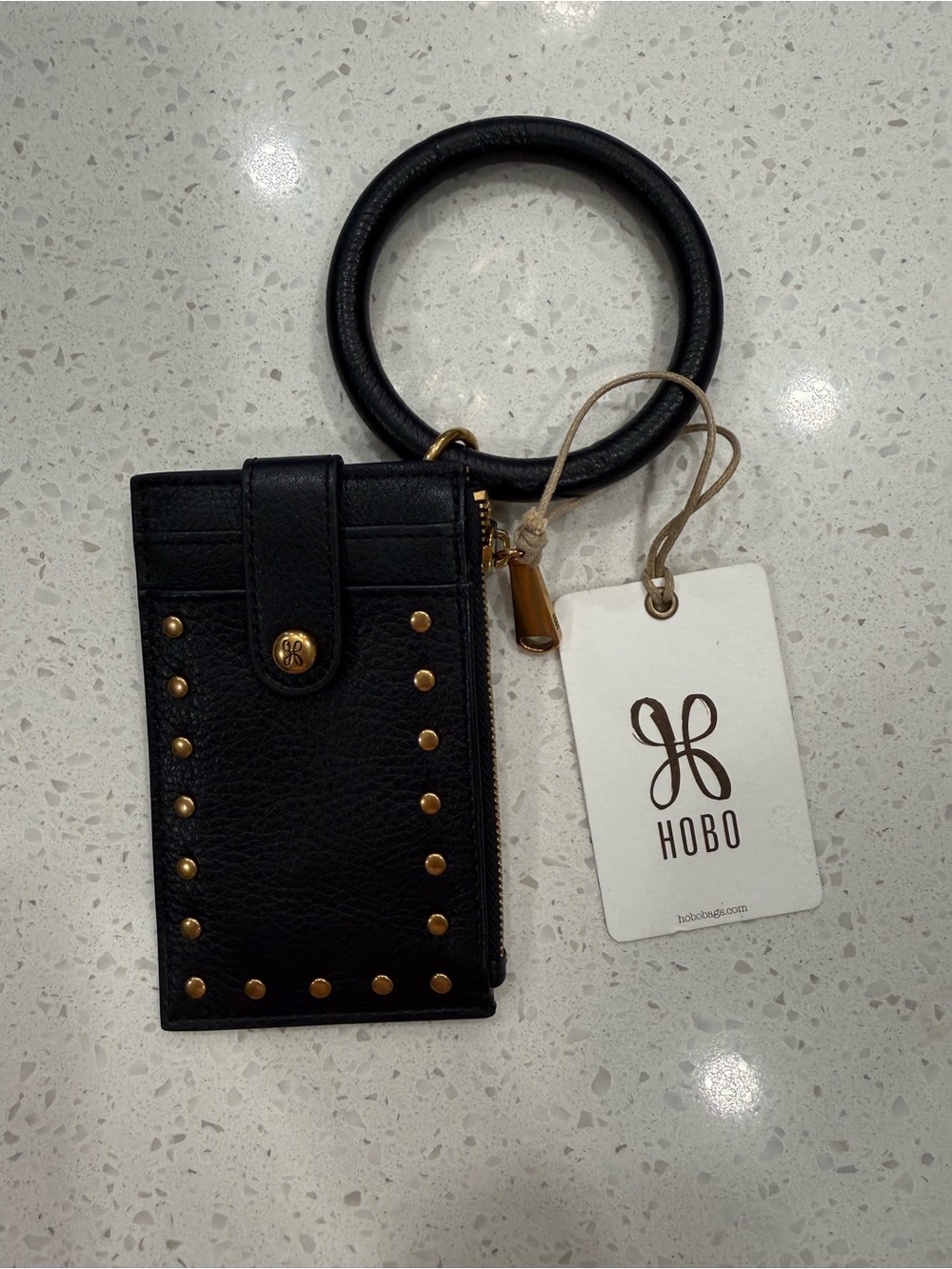 HOBO Black Leather Wristlet Card Case Coin with Gold Stud Accents